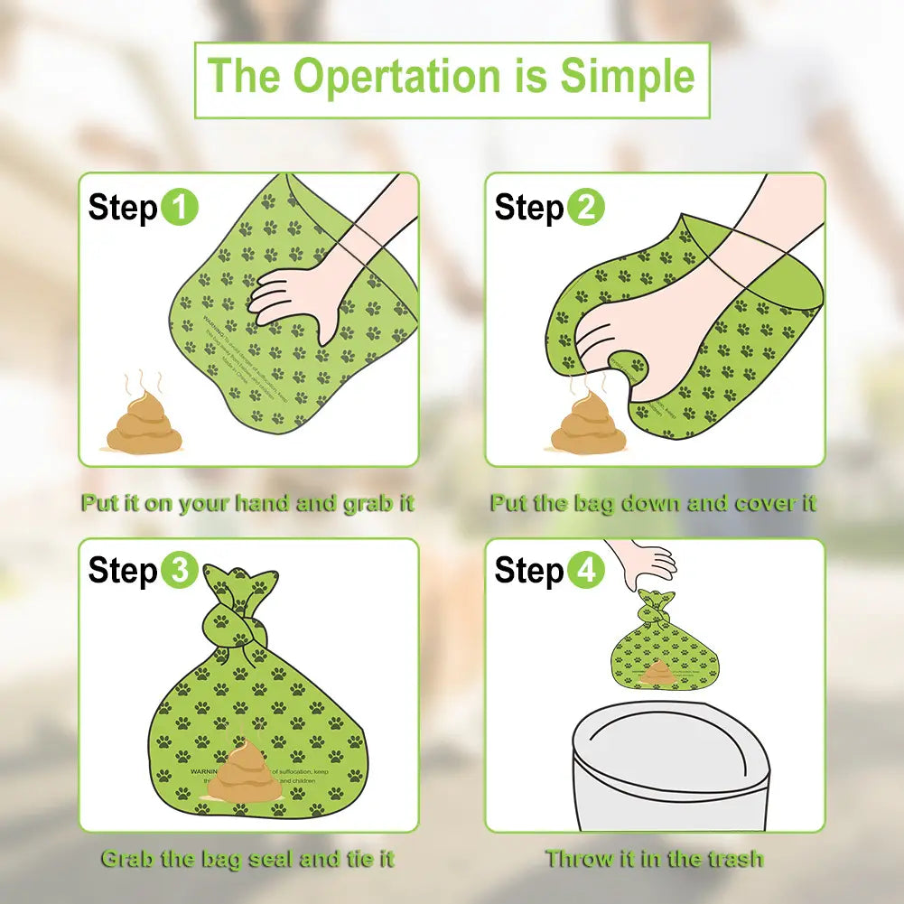 green paw-print patterned dog poop bags with dispenser and refill rolls designed for convenient pet waste disposal.