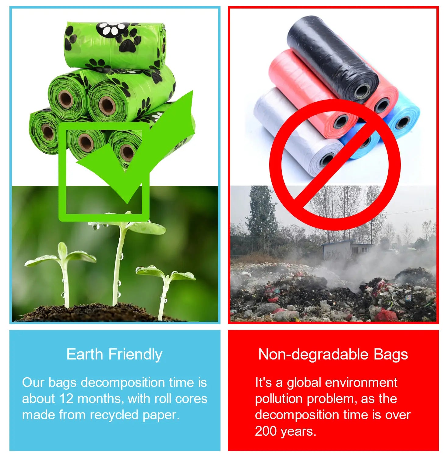 Green rollable dog poop bags with black paw print patterns featuring a dispenser and refill rolls for convenient pet waste disposal.