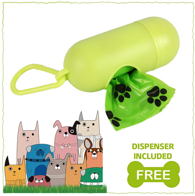 Lime green plastic dog poop bags dispenser with paw print patterned refill rolls for convenient pet waste disposal.