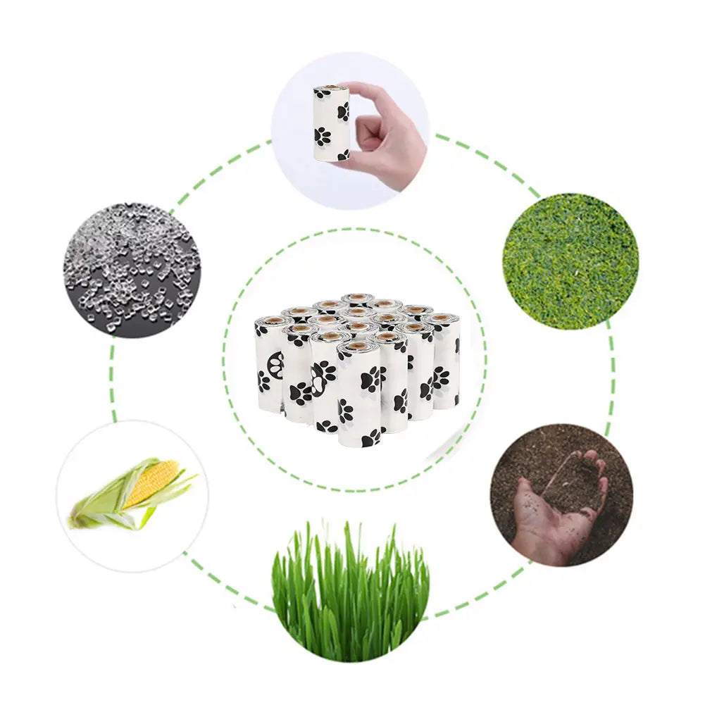 White roll of biodegradable dog poop bags with black paw print design for pet waste disposal featuring a dispenser and refill rolls.