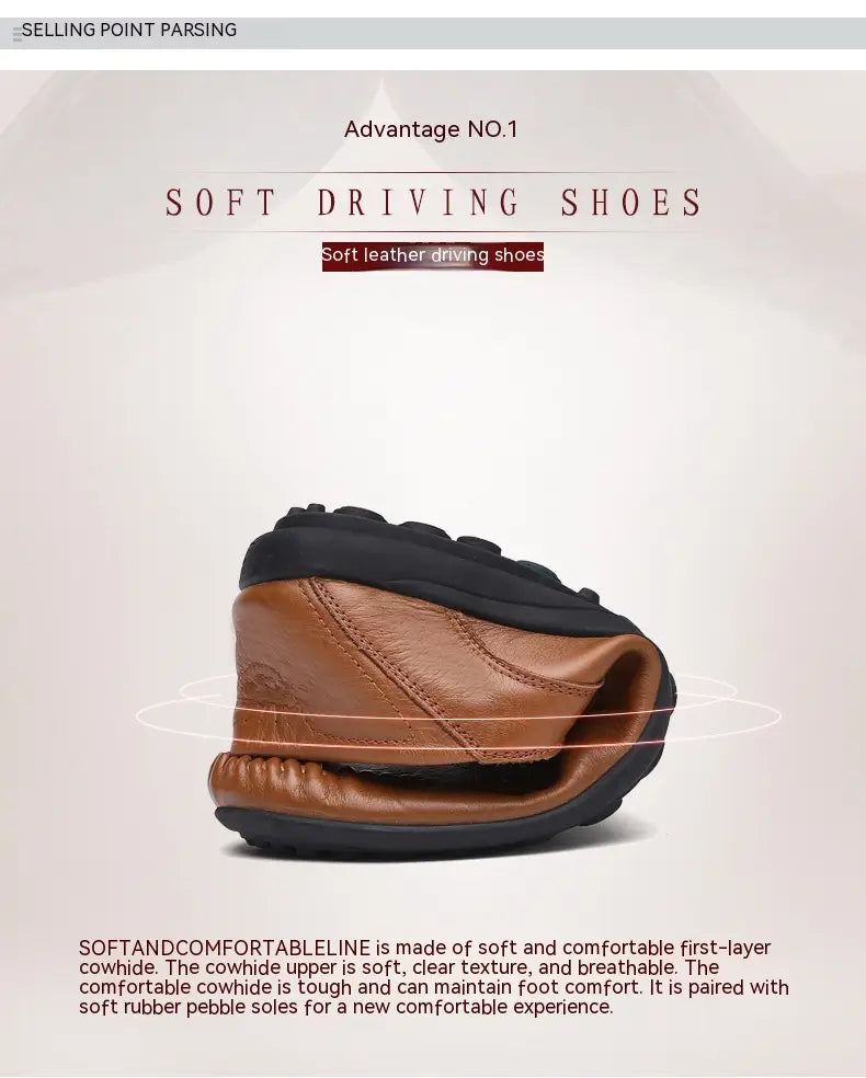 Chaussures habillées de type mocassins sans lacets pour homme en cuir souple brun, avec texture gaufrée et semelle en caoutchouc noir.