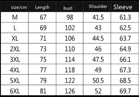 The image displays a size measurement chart for men’s faux leather double breasted jackets with pockets showing dimensions for length bust shoulder and sleeve in centimeters from size M to 6XL.