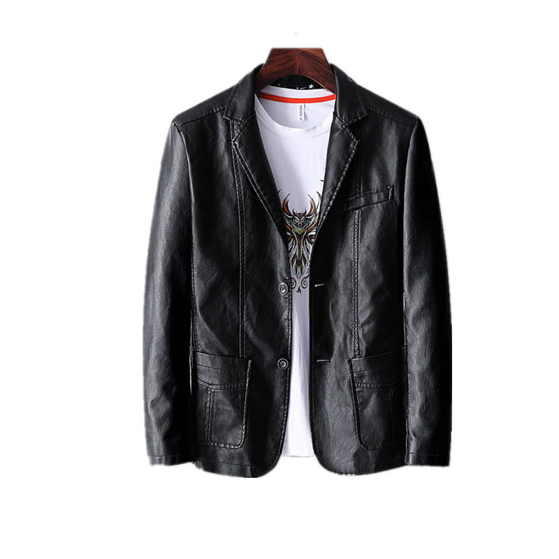 Men’s black faux leather double breasted blazer with classic design and two front pockets.