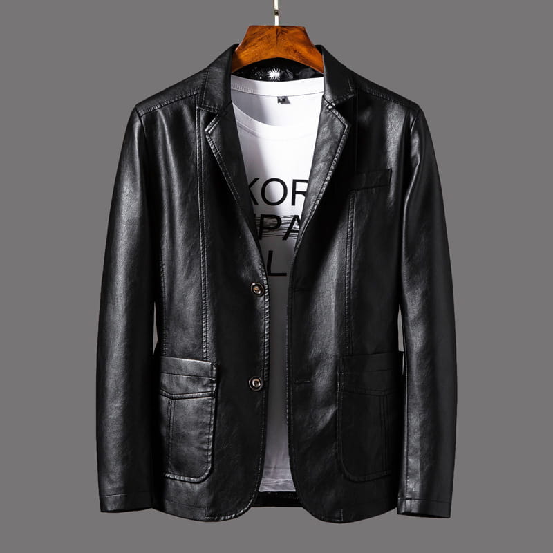 Black leather double breasted blazer with two front buttons and flap pockets for men made of faux leather.