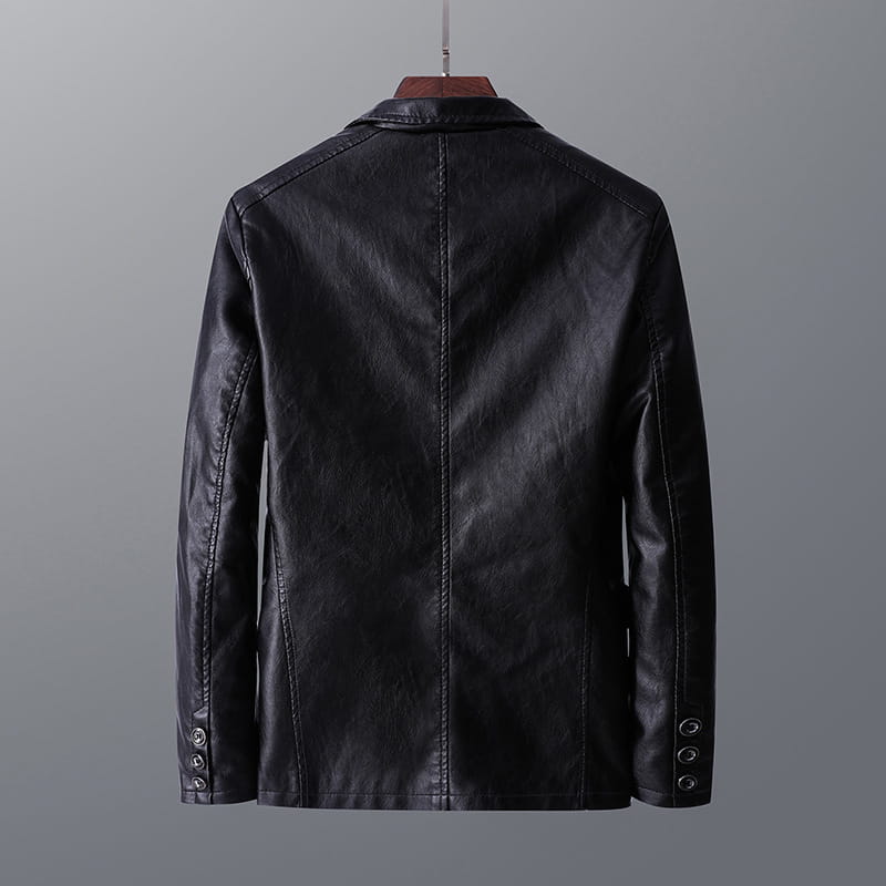 men’s black faux leather double breasted jacket with sleek minimalist design and subtle stitching details featuring pockets