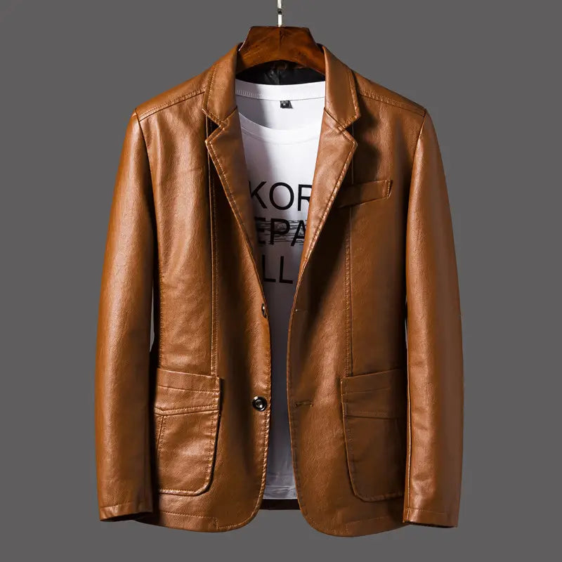 Brown faux leather men’s double breasted blazer with classic design and two front pockets.