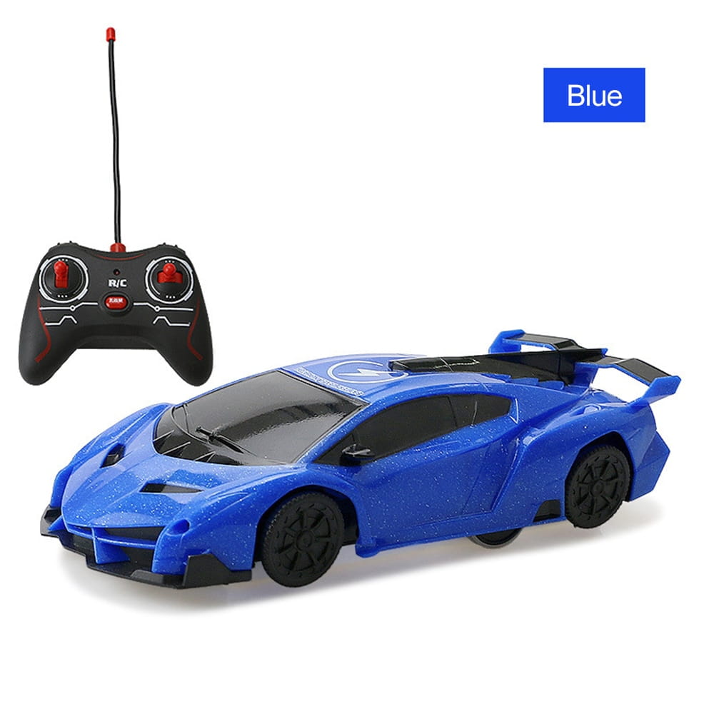 Blue remote-controlled sports car with black accents and a sleek aerodynamic design for wall climbing and gravity defying stunts.