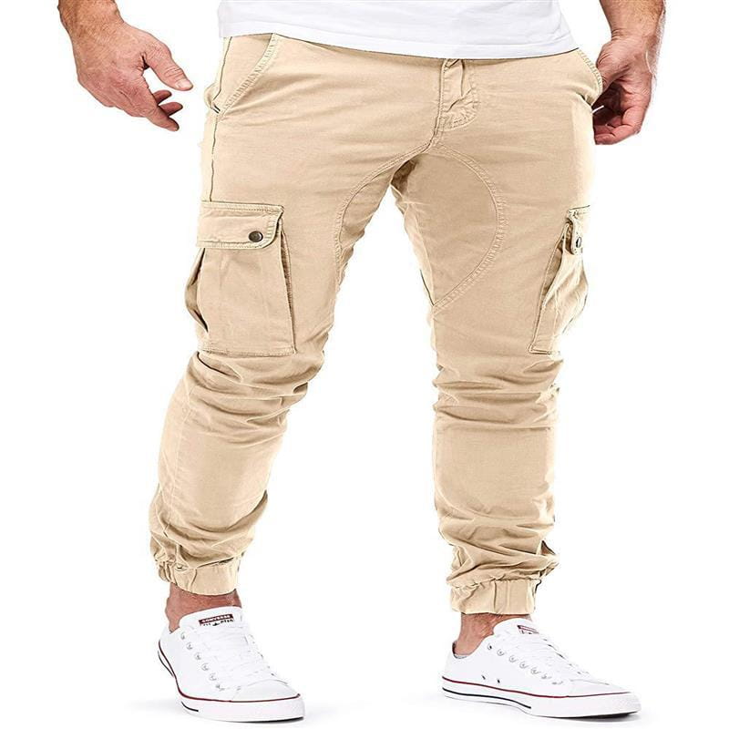 Joggers cargo beige para hombre con múltiples bolsillos y puños elásticos, que ofrecen un ajuste cómodo.