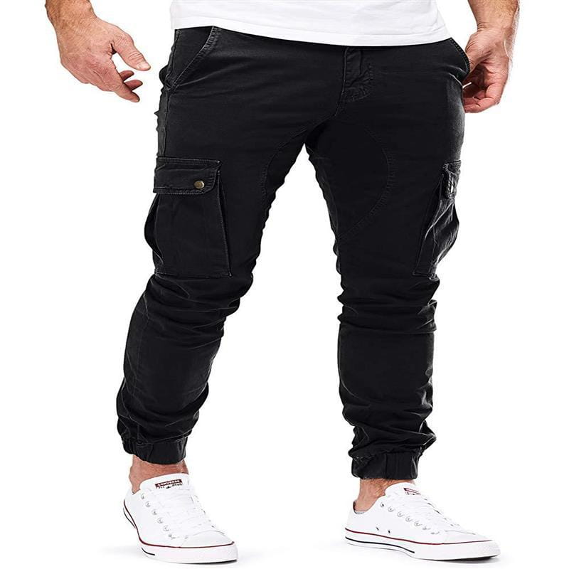Joggers cargo negros para hombre con múltiples bolsillos, elaborados con un tejido resistente, con múltiples bolsillos y diseño de pierna cónica.