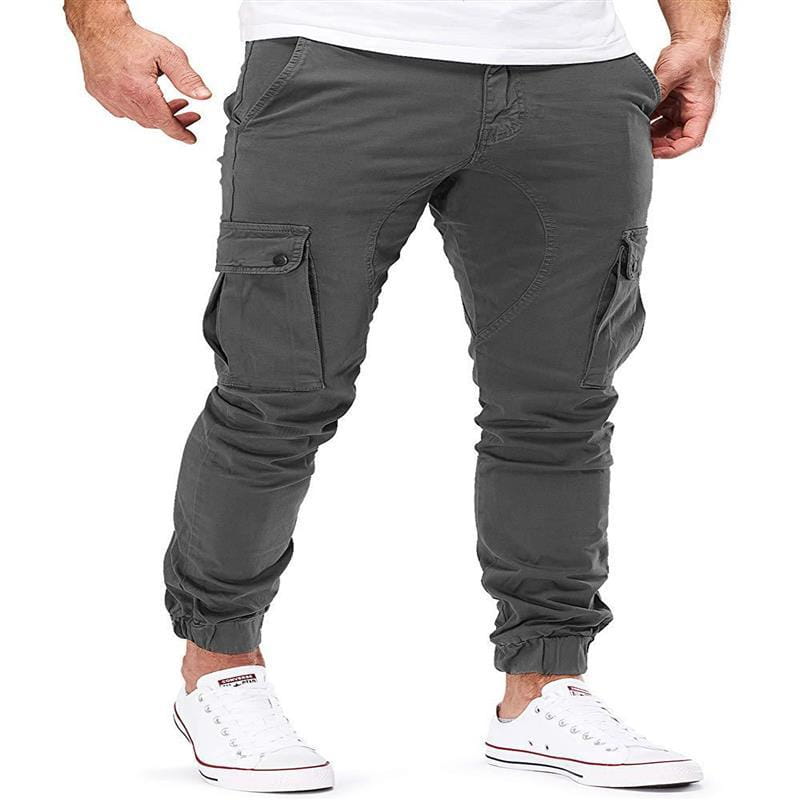 Joggers cargo color gris oscuro para hombre, con múltiples bolsillos y puños elásticos, para un uso casual versátil.