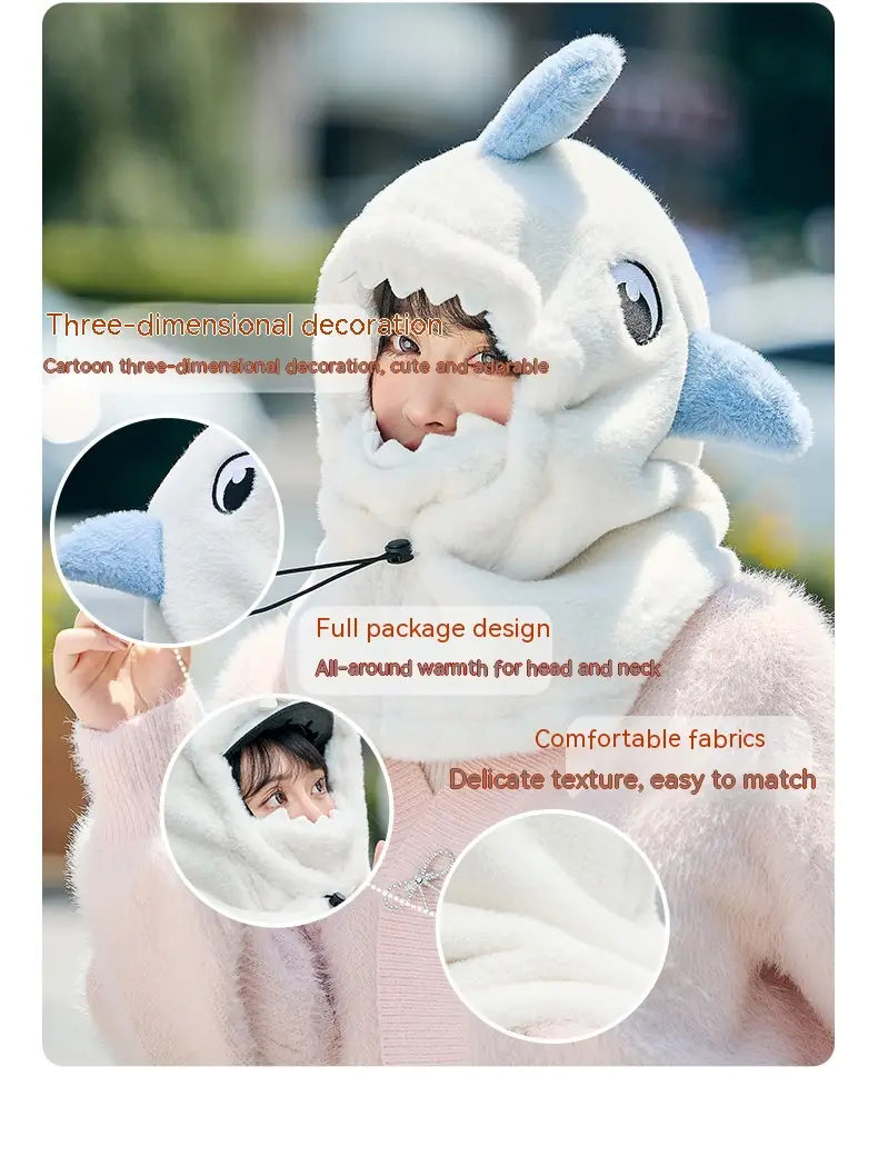 Écharpe à capuche d’hiver moelleuse en forme de pingouin, blanche et bleu clair, avec une texture douce et duveteuse, conçue pour une utilisation en tant que capuchon de protection pour les oreilles dans le bonnet d’hiver en peluche de requin, article de protection en forme d’oreilles d’animal pour les oreilles.