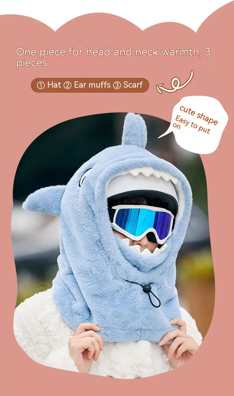Ensemble de bonnet d’hiver en peluche de requin bleu clair comprenant une protection d’oreilles en forme d’animal, des cache-oreilles et une écharpe, pour les temps froids.