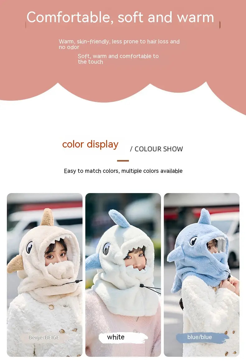 Bonnet d’hiver en peluche doux en forme de dauphin et de requin, beige, avec une capuche et un enroulement type écharpe pour la protection des oreilles et la chaleur.