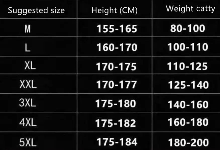 Size chart table displaying suggested sizes with height and weight ranges for fleece lined mens winter jogger pants.