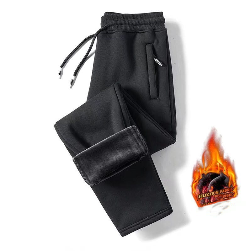 Black fleece lined mens winter jogger pants featuring a drawstring waistband and side pockets made of soft fleece material.