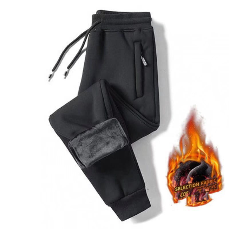 Black fleece lined mens winter jogger pants featuring a drawstring waist and ribbed cuffs.