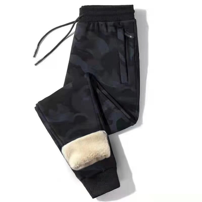 Black camouflage fleece lined mens winter jogger pants with fleece lined cuffs and a drawstring waistband.