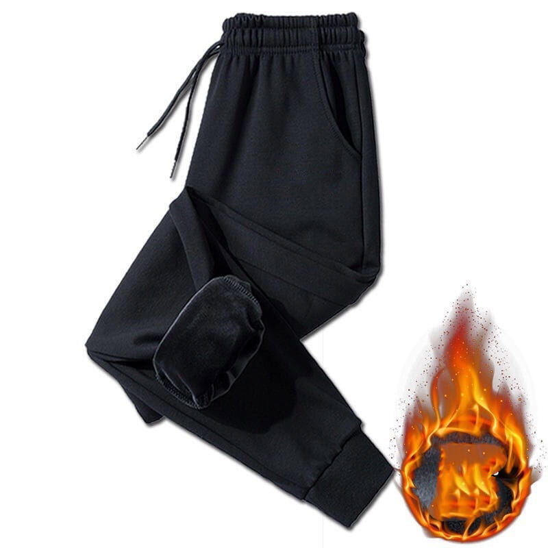Black fleece lined mens winter jogger pants featuring a fleece lining, elastic waistband with drawstring, and plush velvet cuffs for warmth.