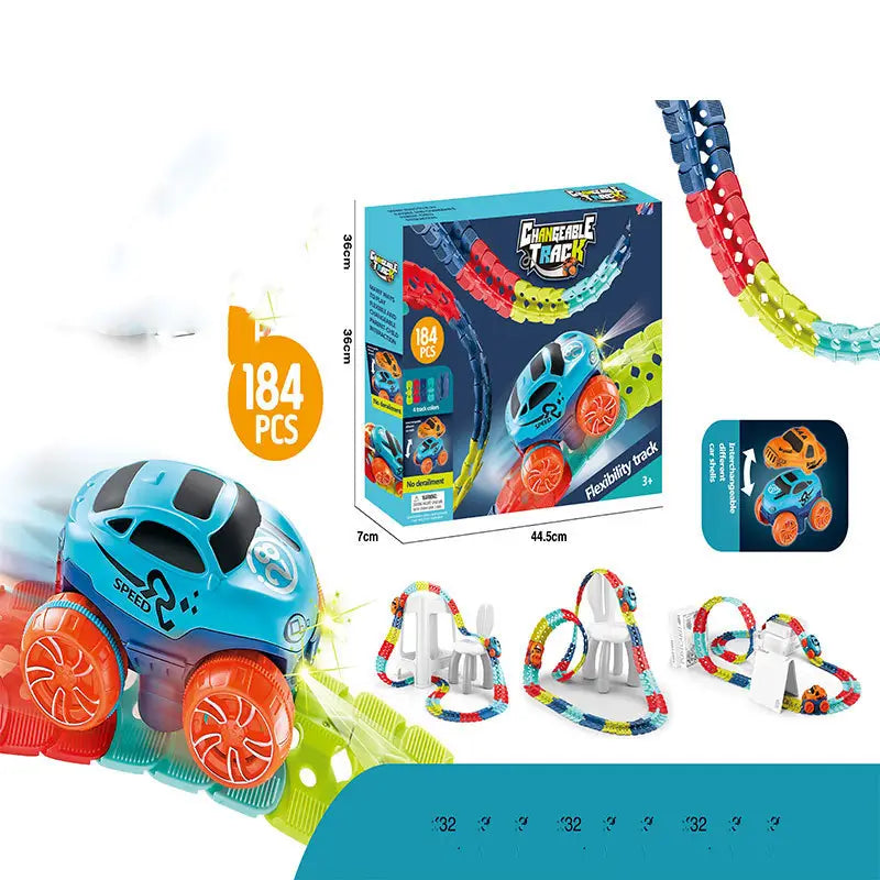 Voiture-jouet bleue et orange avec des accents noirs et un logo de vitesse sur le côté de l’ensemble de circuit de course électrique flexible.