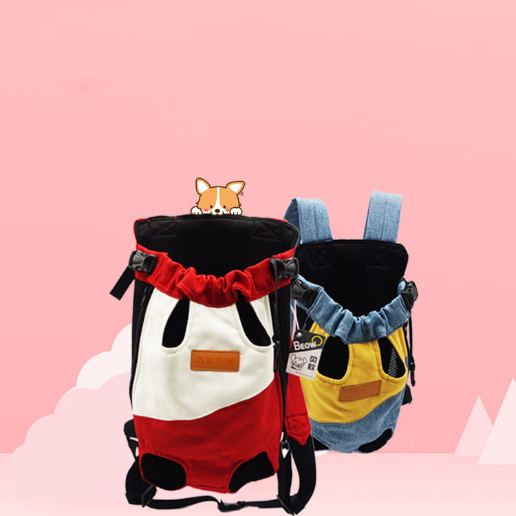 Portable canvas pet backpack carrier featuring a red and white panda-themed design with black accents alongside a denim-style blue version.