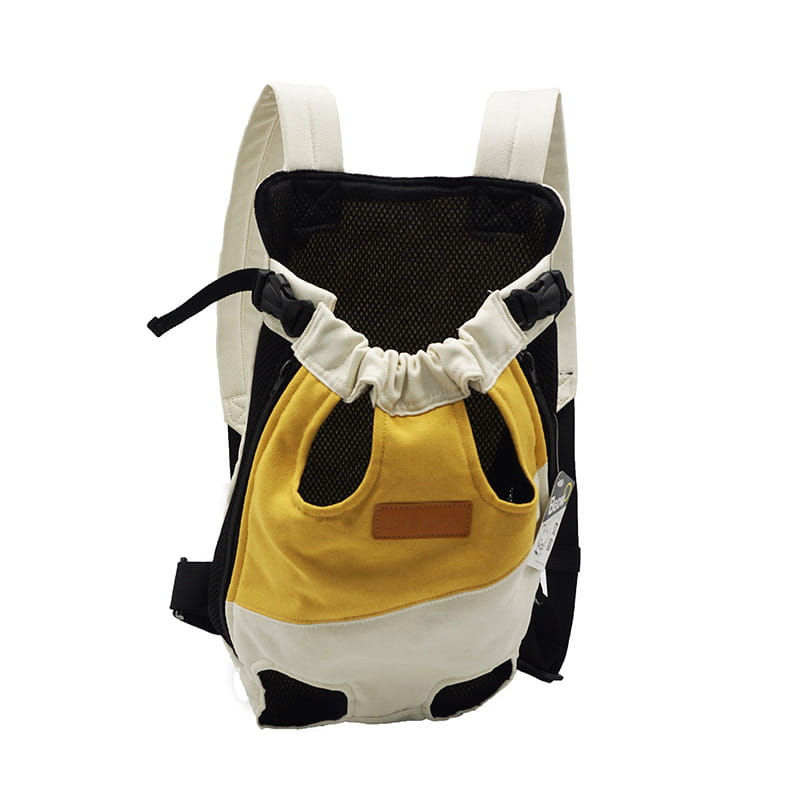 Yellow and white portable canvas pet backpack carrier with black mesh panels and adjustable straps for comfortable pet transport.