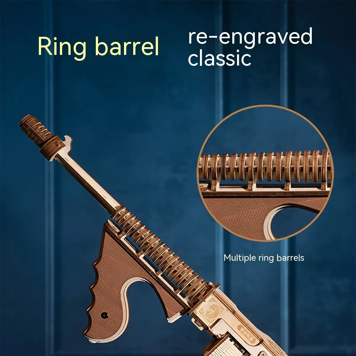 Holz-3D-Puzzle-Selbstladepistole? Untermaschinengewehr? mechanisches Modellspielzeug mit klassischem Design, mehreren Ringläufen und eingravierten Details.