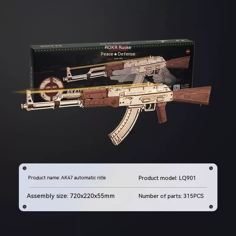 Detailliertes Holz-3D-Puzzle-Untermaschinengewehr-mechanisches Modellspielzeug mit einem beigen Körper sowie einem braun strukturierten Holzschaft und einem Handschutz aus Holz und Metall.