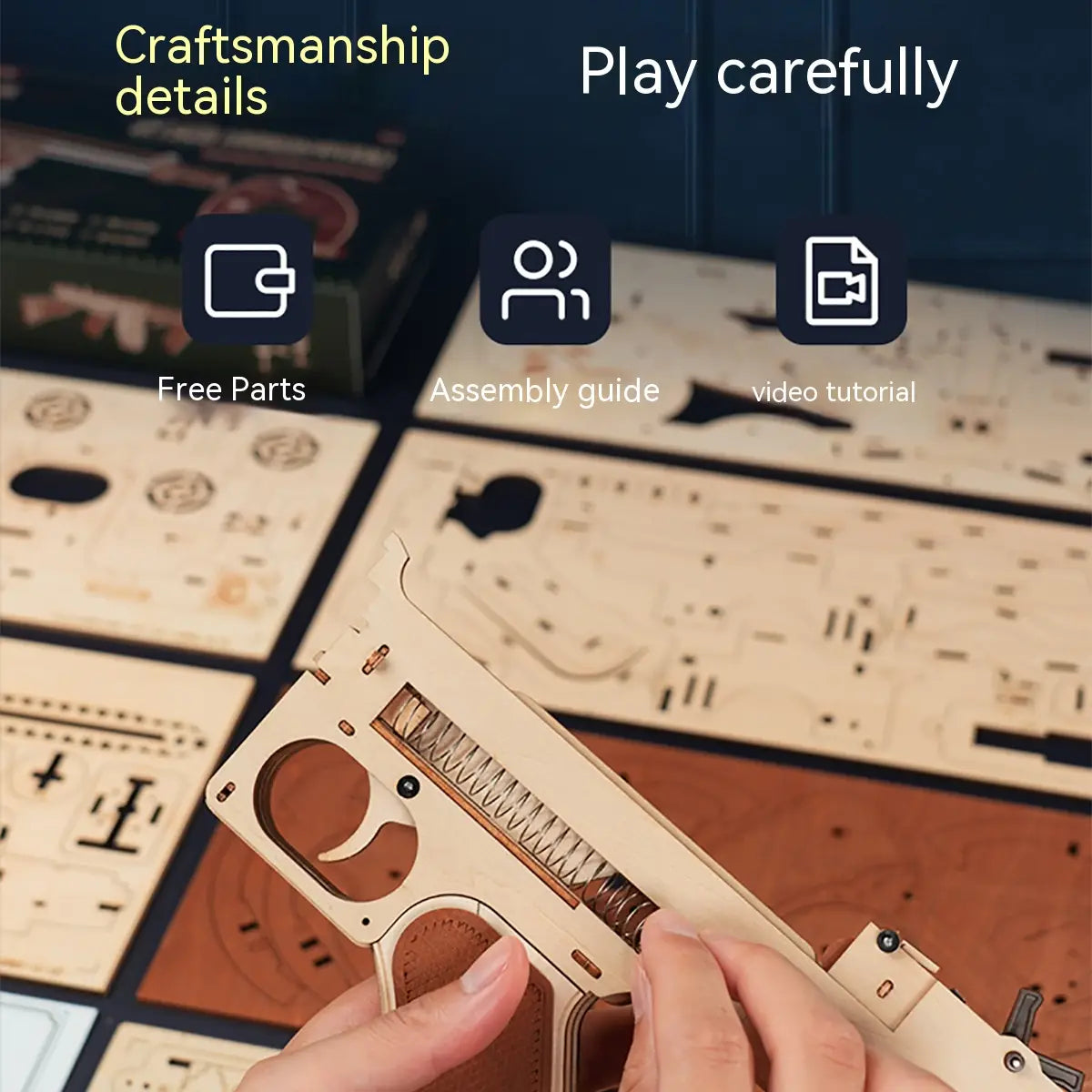 Ein teilweise montiertes Holz-3D-Puzzle-Untermaschinengewehr-mechanisches Modellspielzeug mit beiger Ausführung und einem braun lederähnlichen Griff.