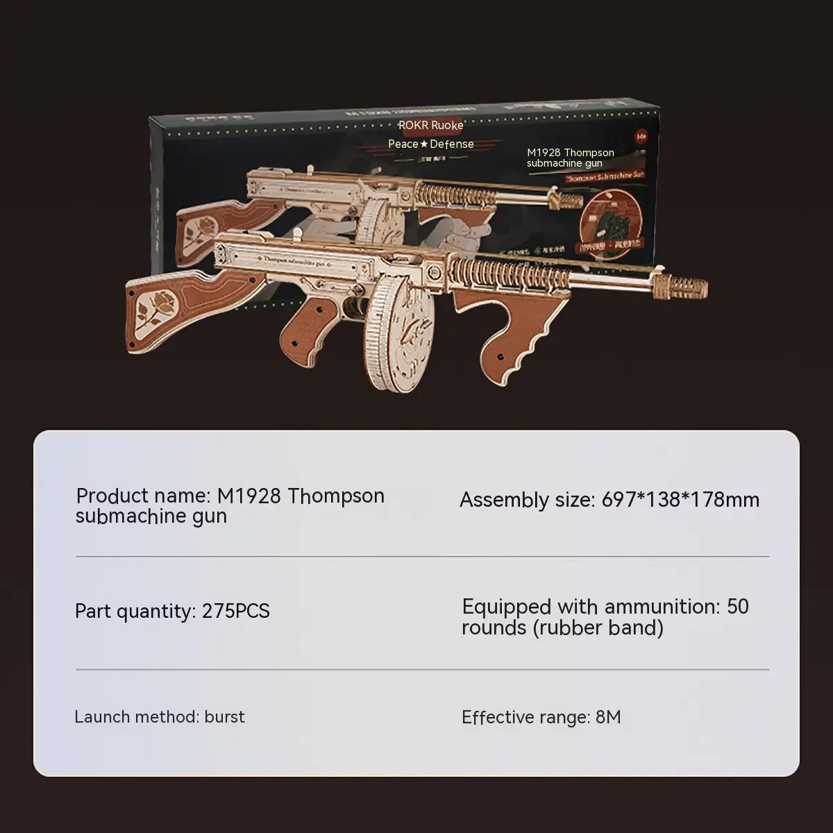 Holz-3D-Puzzle-Untermaschinengewehr-mechanisches Modellspielzeug mit einer hölzernen M1928 Thompson mit messingfarbenen Metallelementen und eingravierten Details.