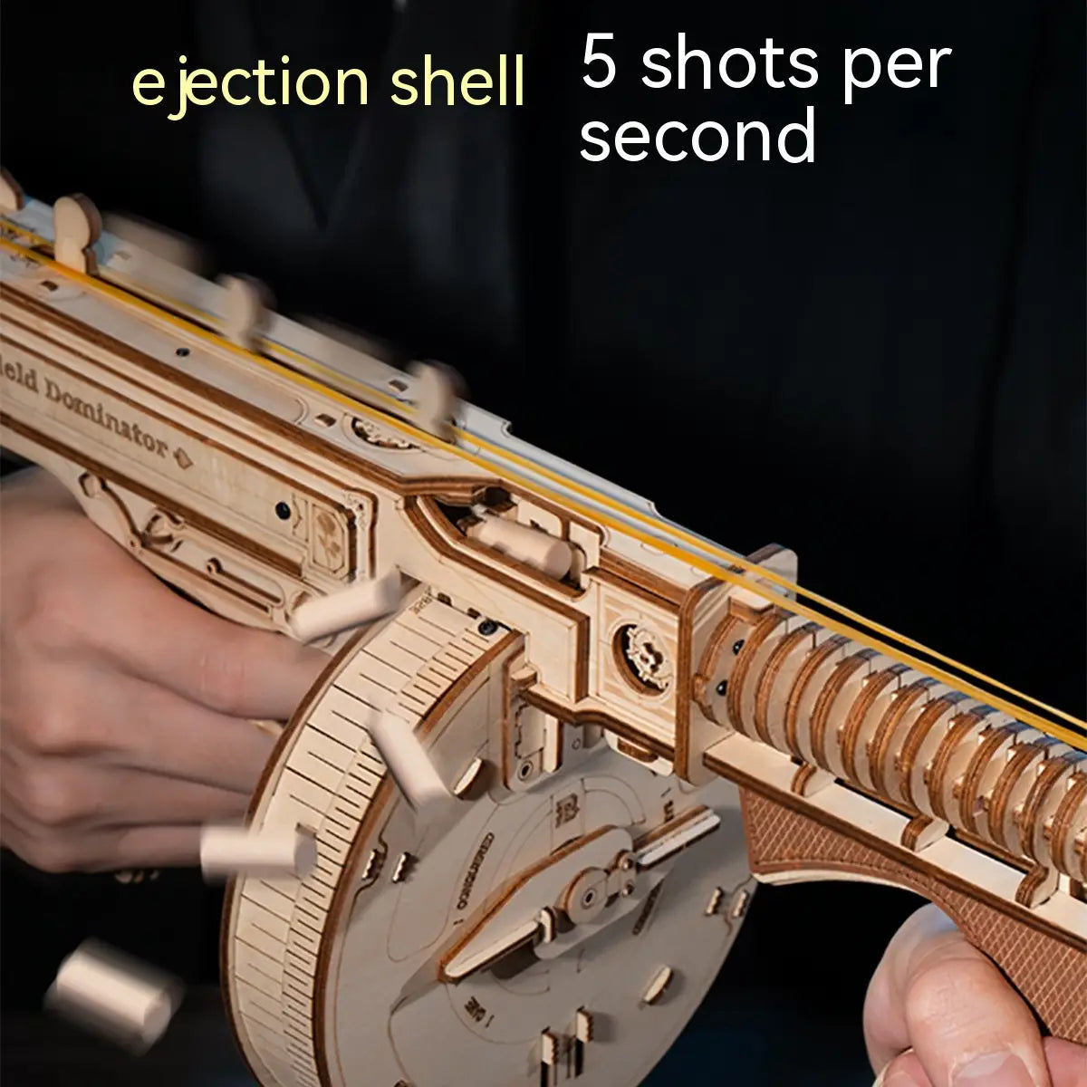 Holz-3D-Puzzle-Untermaschinengewehr-mechanisches Modellspielzeug mit aufwendigen mechanischen Details und eingeprägten Markierungen in natürlicher Holzfarbe.