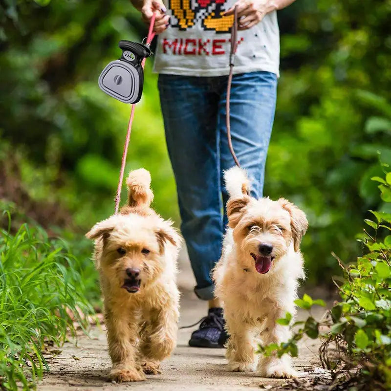 Pink retractable dog leash with black and gray handle featuring a Mickey Mouse design and a foldable dog poop bag dispenser with waste scooper.