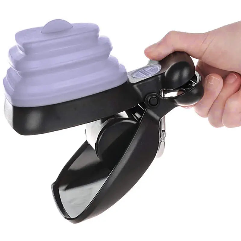 Black and lavender foldable dog poop bag dispenser with collapsible can opener featuring a sleek ergonomic design for convenient waste scooping.