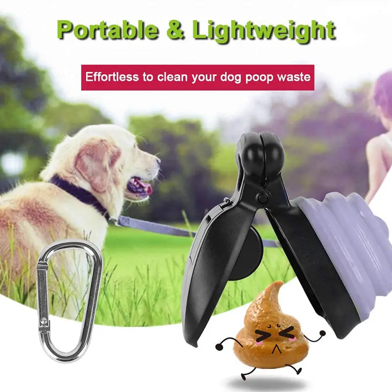 Foldable dog poop bag dispenser with a black and purple collapsible waste scooper and metal carabiner clip for convenient dog waste collection.