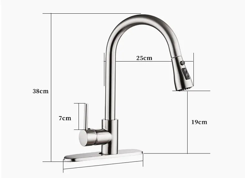 Brushed copper pull out kitchen faucet in stainless steel with a sleek curved spout and pull down spray head.