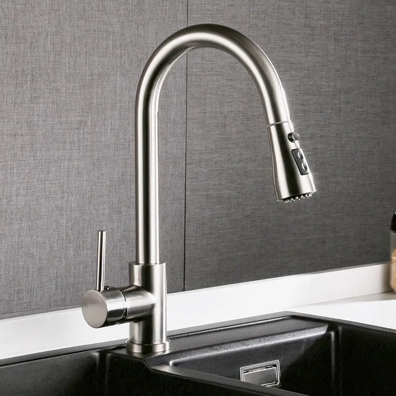 Brushed copper pull out kitchen faucet made of stainless steel features a stainless steel gooseneck design with a pull-down spray head and single lever control.