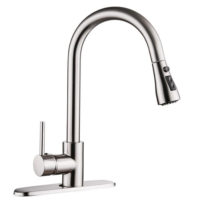 Brushed copper pull out kitchen faucet made of stainless steel with a sleek curved spout and pull down spray head.