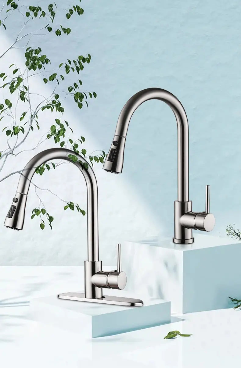 Two modern brushed stainless steel kitchen faucets with sleek curved spouts and pull-down spray heads in brushed copper pull out kitchen faucet stainless steel design.