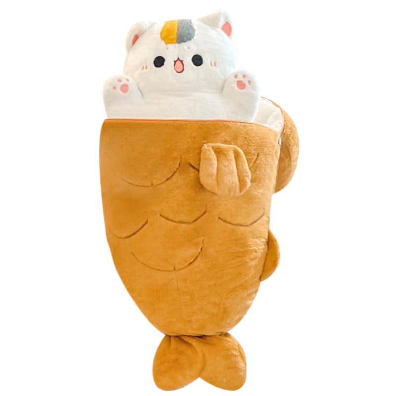 Plush animal pillow radish rabbit and cat toy featuring a cat-shaped takoyaki design with a white face, pink nose and cheeks, yellow and gray head markings, and a golden brown textured body resembling fried fish.