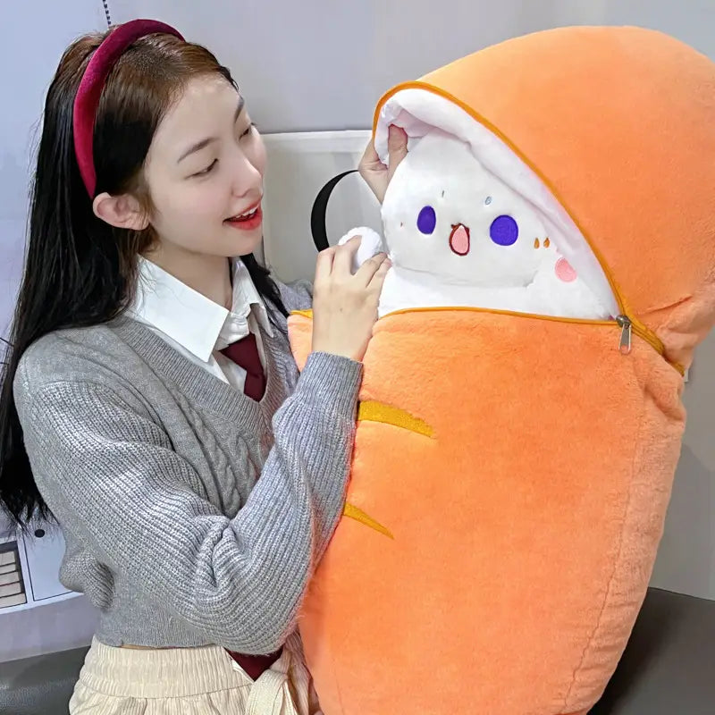 Orange plush carrot-shaped sleeping bag with white interior and purple eyes designed as a radish rabbit and cat toy pillow.