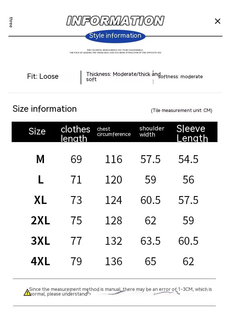 La imagen muestra una tabla de tallas para una chaqueta tipo beisbol con capucha de pana de ajuste holgado, con grosor y suavidad moderados, en varios tamaños de M a 4XL.