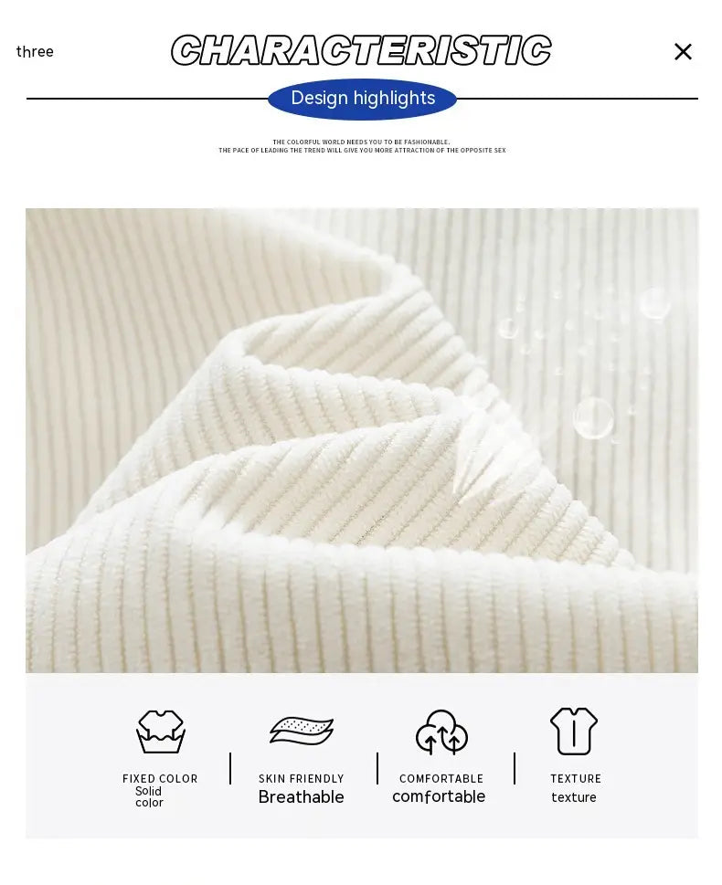 Tejido de punto acanalado color crema con una superficie de textura suave, que se muestra en una chaqueta tipo beisbol con capucha de pana.