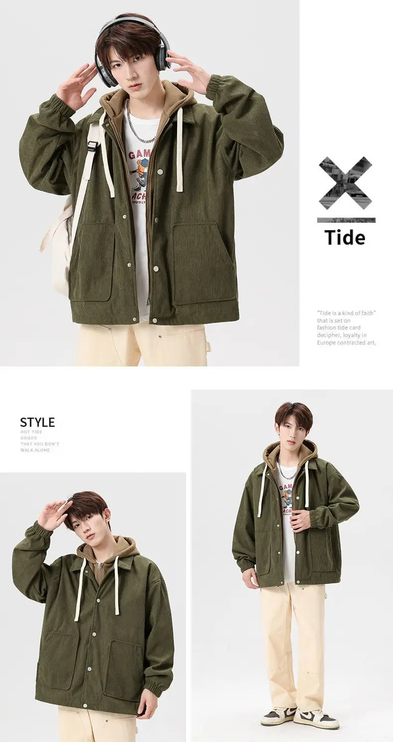 Chaqueta tipo beisbol con capucha de pana verde oliva con cordones blancos y cierres con botones, diseñada para prendas de abrigo informales.