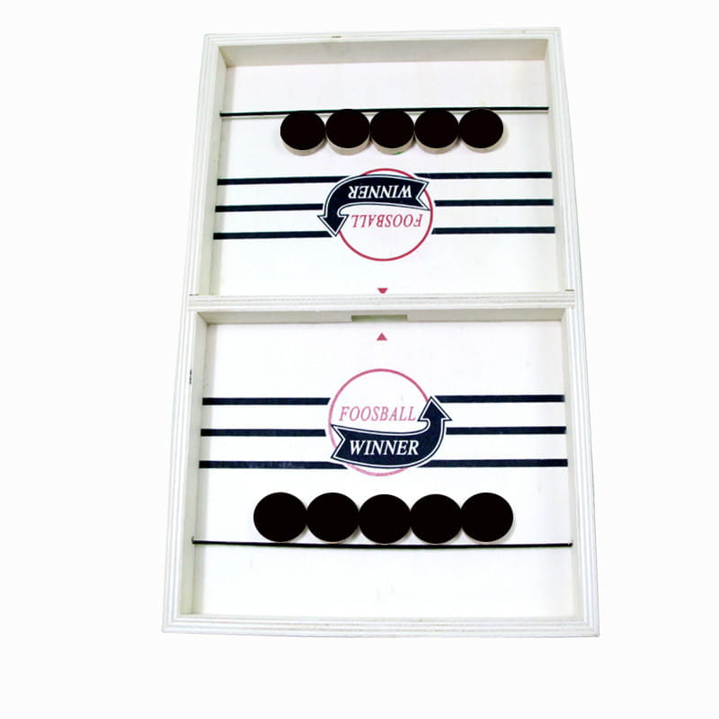 fast sling puck game wooden foosball winner board featuring a white wooden foosball table with black player figures and a striped playing surface.