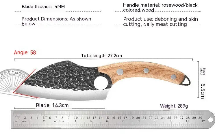 Un couteau de cuisinier d’extérieur forgé en acier à haute teneur en carbone de 27,2 cm, avec une lame noire texturée et un manche en palissandre et bois noir, fixé par trois rivets argentés.