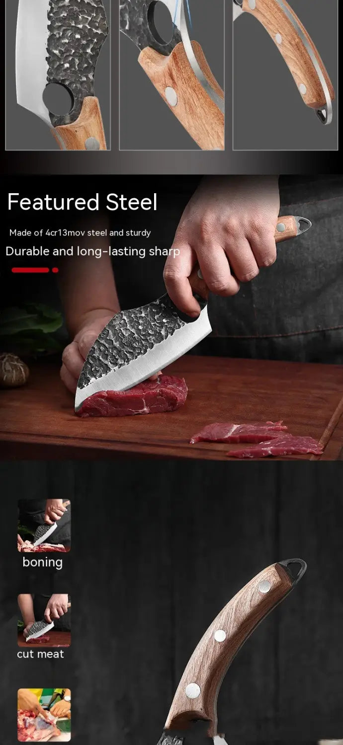 Couteau de cuisinier d’extérieur forgé en acier à haute teneur en carbone, avec une lame en acier martelée texturée et un manche en bois, avec deux rivets blancs.