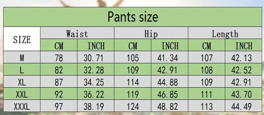a green table with white text displaying the pants size chart in centimeters and inches for men’s multi pocket casual cargo pants in sizes m through xxxl