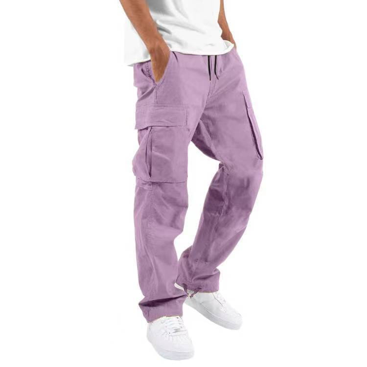 Men’s lavender multi pocket casual cargo pants with drawstring waistband and durable fabric designed for everyday wear.
