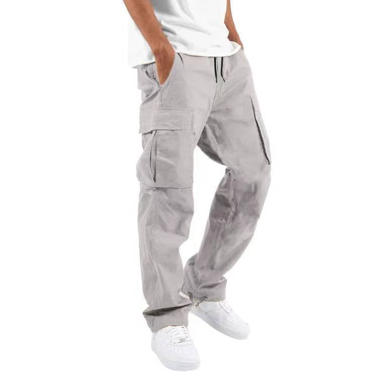Men’s gray multi pocket cargo pants featuring a drawstring waistband designed for casual wear.
