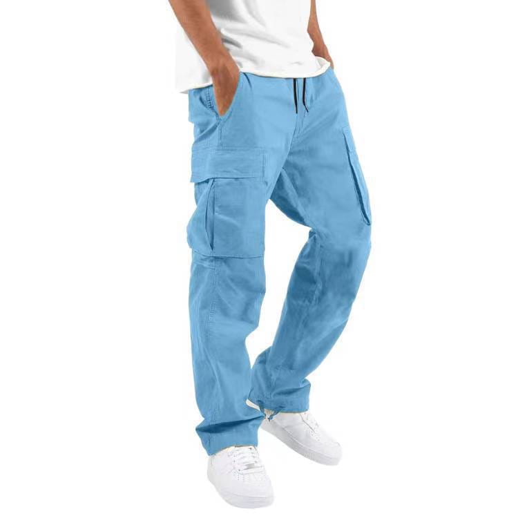 Light blue men’s casual cargo pants with multiple pockets and a drawstring waistband designed for versatile everyday wear.