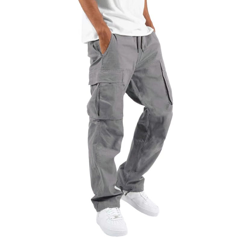 men’s gray casual cargo pants featuring multiple pockets and a drawstring waist for versatile wear